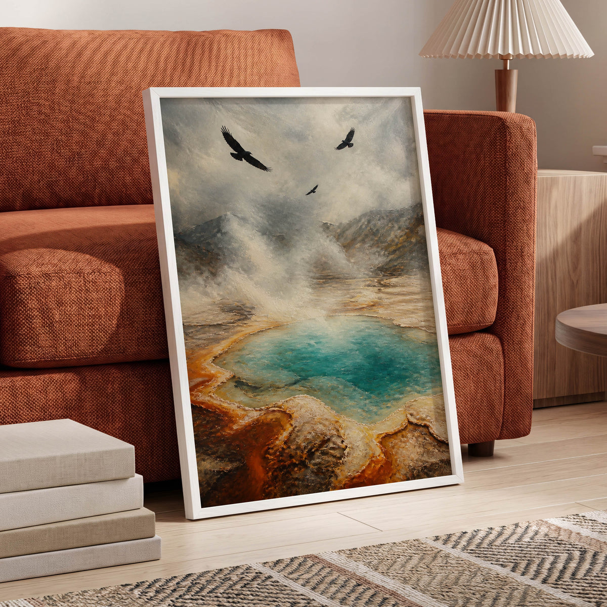Wings Above Thermal Blue, gray, beige, blue nature wall art displayed in a styled interior, gallery view 6