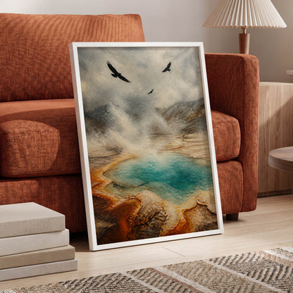 Wings Above Thermal Blue, gray, beige, blue nature wall art displayed in a styled interior, gallery view 6