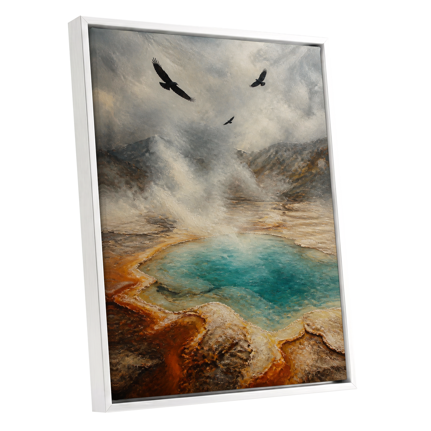 Wings Above Thermal Blue, gray, beige, blue nature wall art shown as a white framed canvas wall art