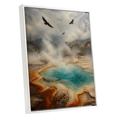 Wings Above Thermal Blue, gray, beige, blue nature wall art shown as a white framed canvas wall art