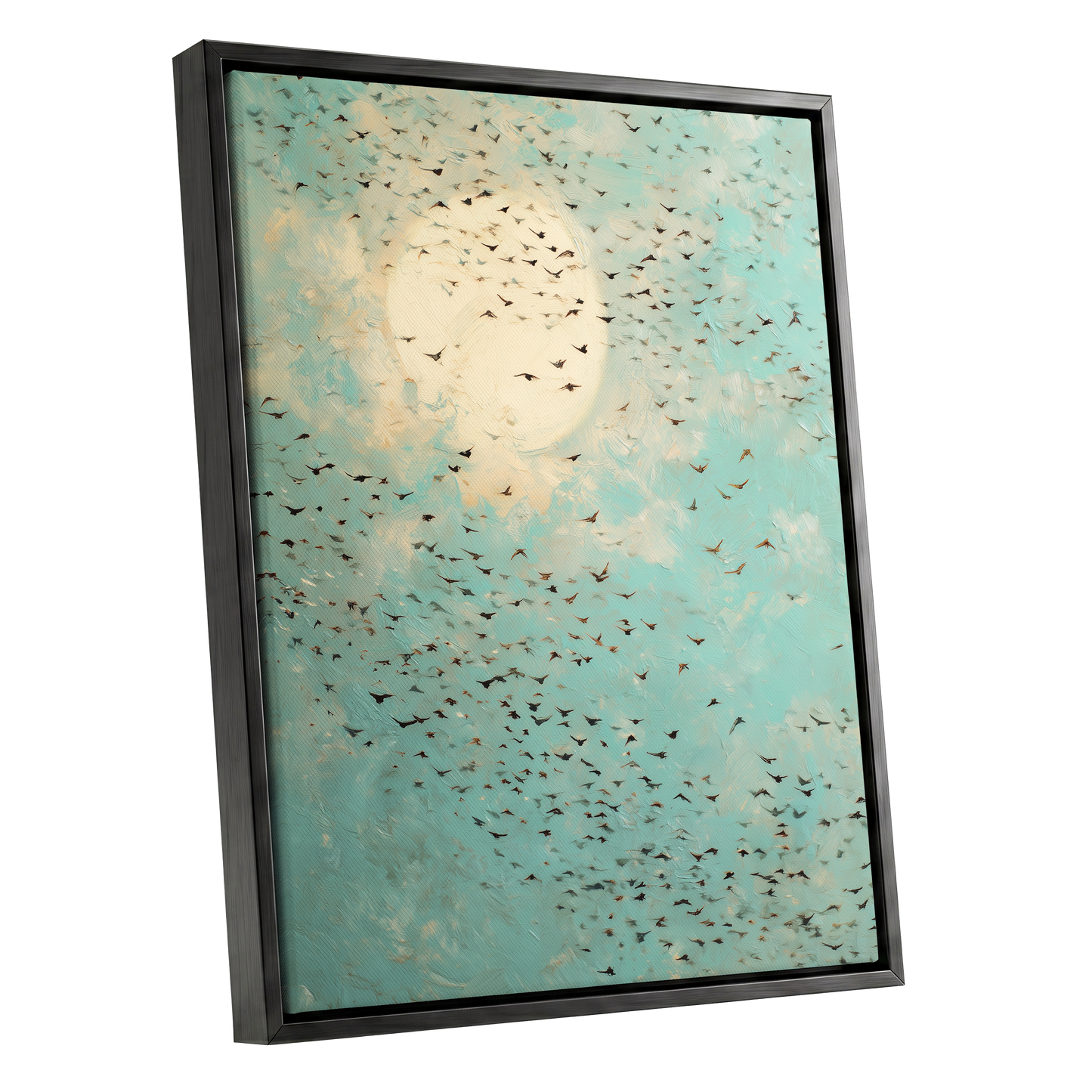 Wings Across the Light, blue, green, beige nature wall art shown as a black framed canvas wall art