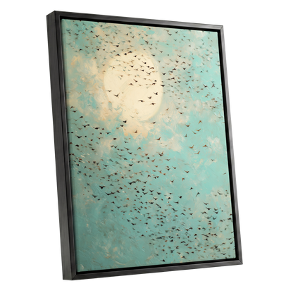 Wings Across the Light, blue, green, beige nature wall art shown as a black framed canvas wall art
