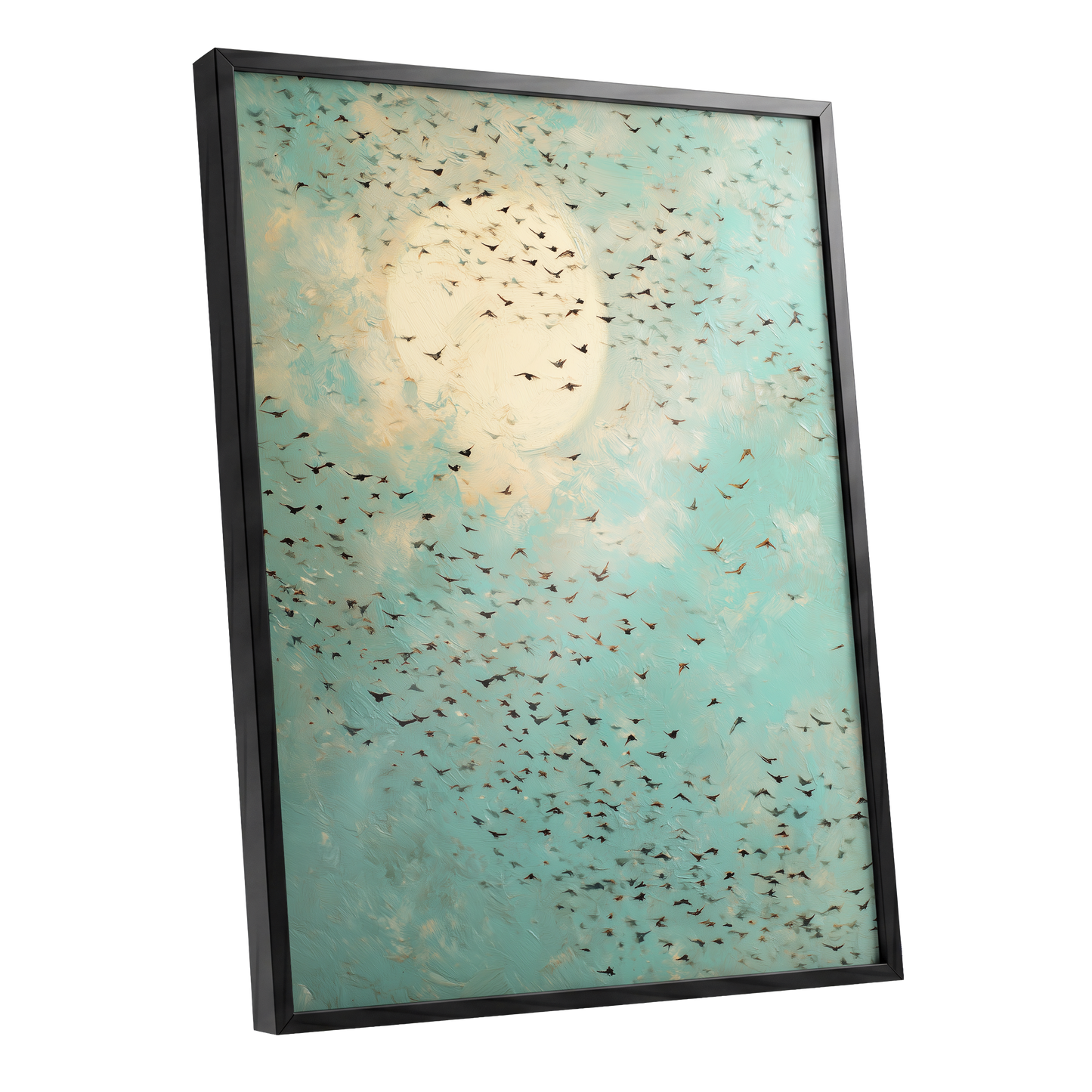 Wings Across the Light, blue, green, beige nature wall art shown as a black framed poster wall art print