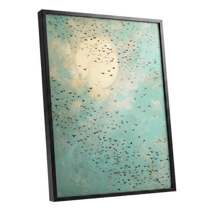 Wings Across the Light, blue, green, beige nature wall art shown as a black framed poster wall art print