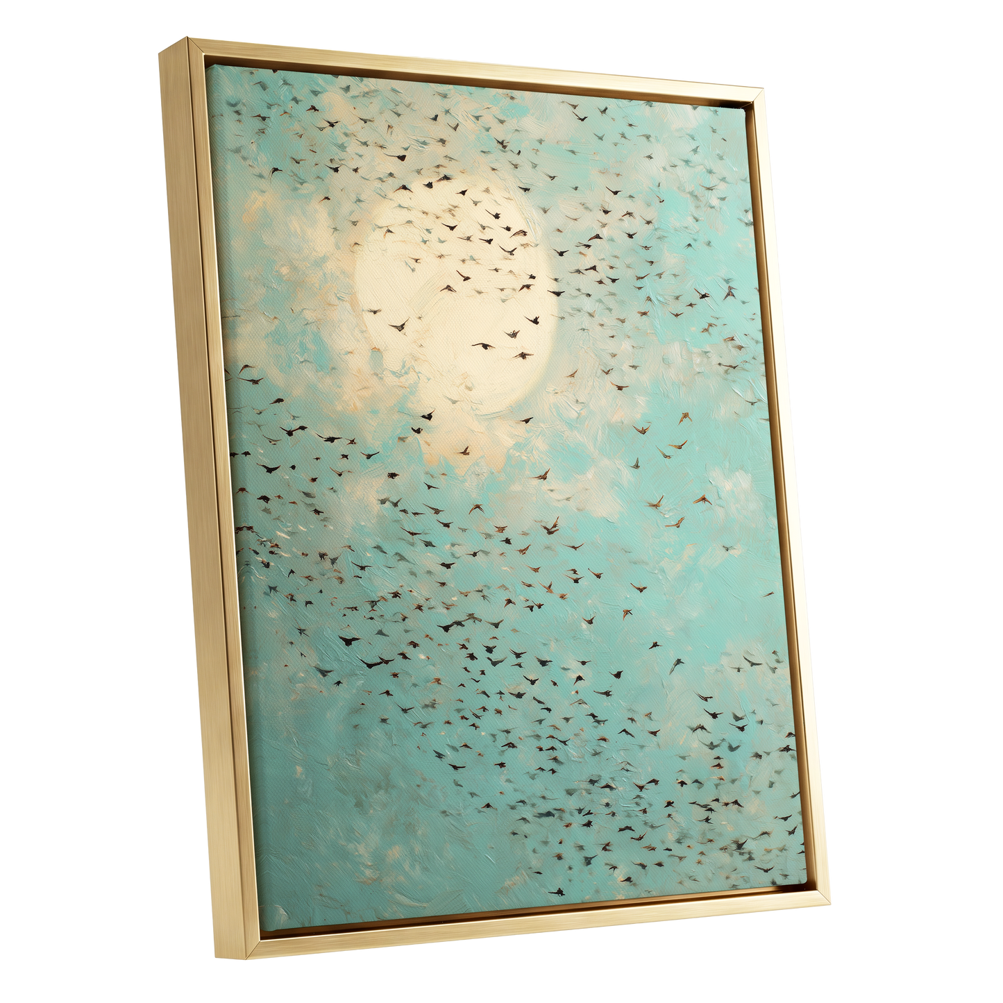 Wings Across the Light, blue, green, beige nature wall art shown as a gold framed canvas wall art