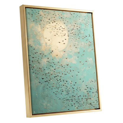 Wings Across the Light, blue, green, beige nature wall art shown as a gold framed canvas wall art