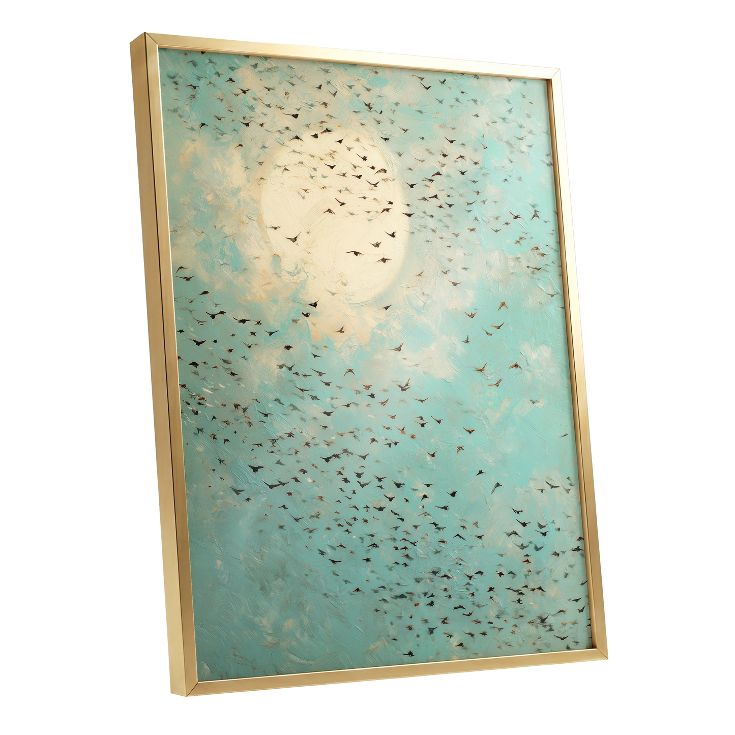 Wings Across the Light, blue, green, beige nature wall art shown as a gold framed poster wall art print