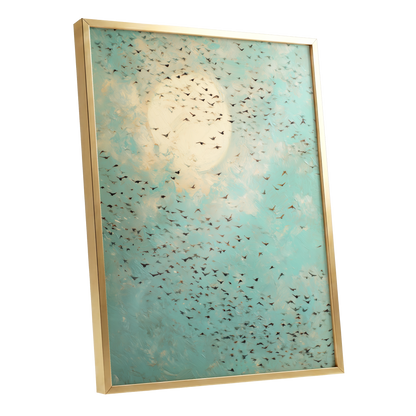 Wings Across the Light, blue, green, beige nature wall art shown as a gold framed poster wall art print
