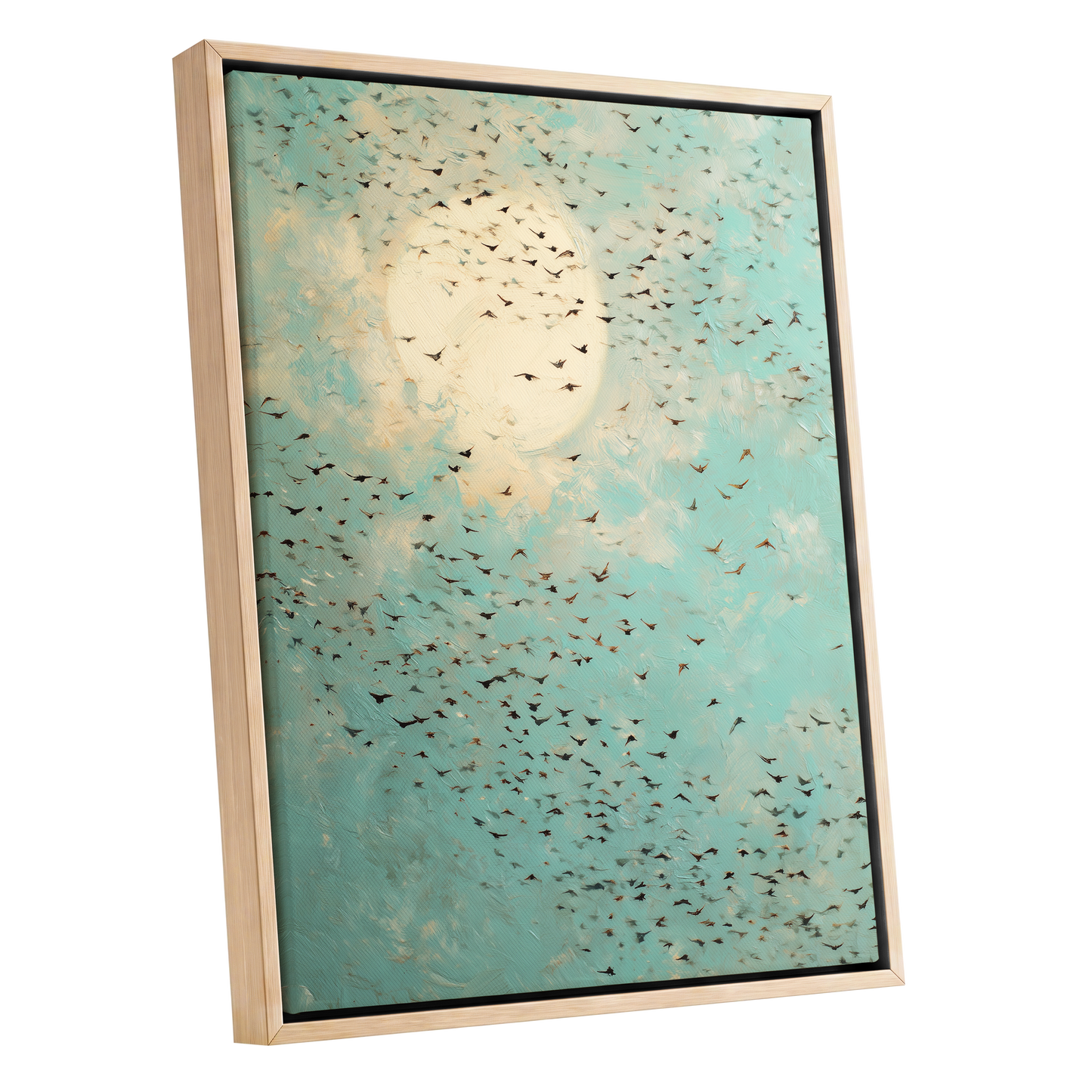 Wings Across the Light, blue, green, beige nature wall art shown as a oak framed canvas wall art