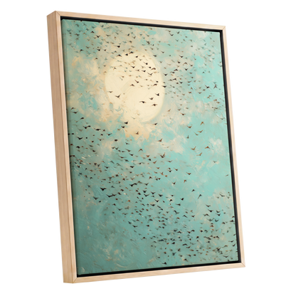 Wings Across the Light, blue, green, beige nature wall art shown as a oak framed canvas wall art