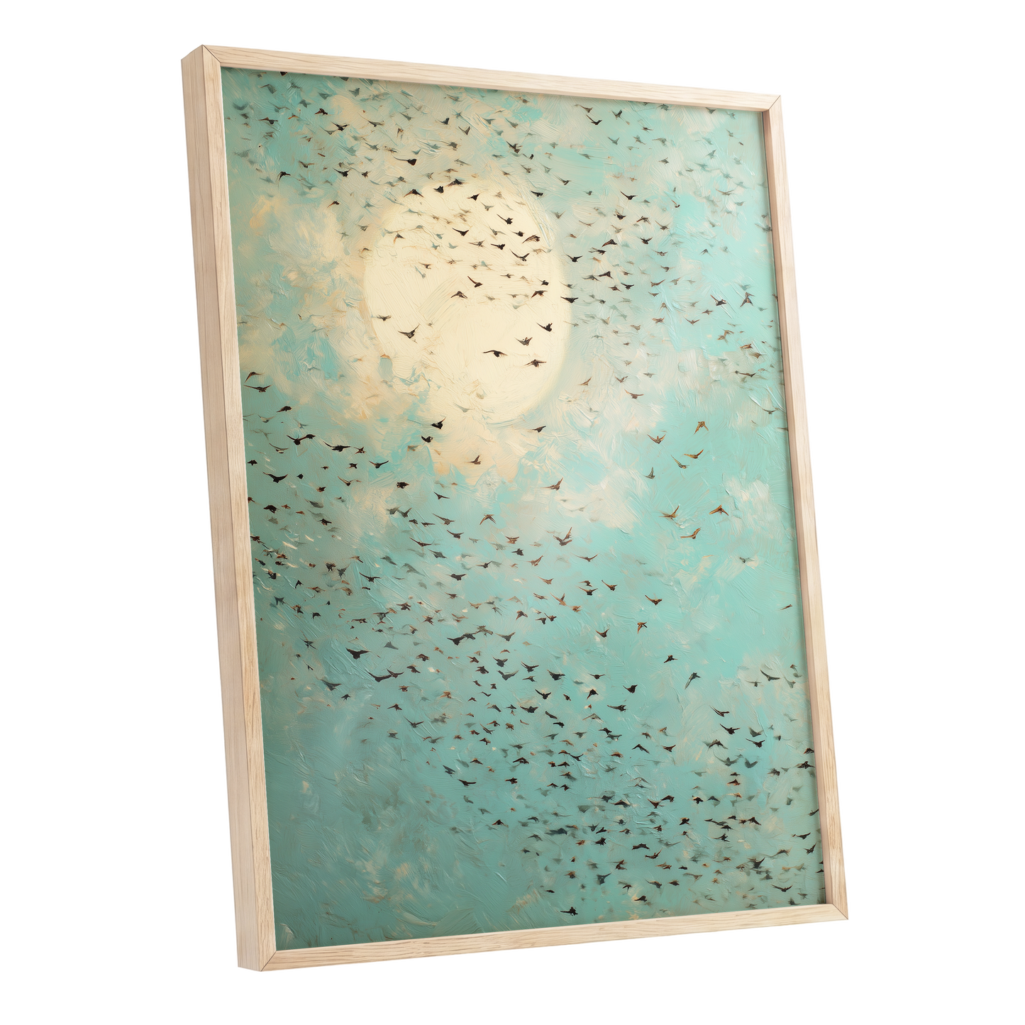 Wings Across the Light, blue, green, beige nature wall art shown as a oak framed poster wall art print