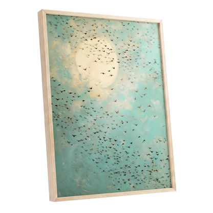 Wings Across the Light, blue, green, beige nature wall art shown as a oak framed poster wall art print