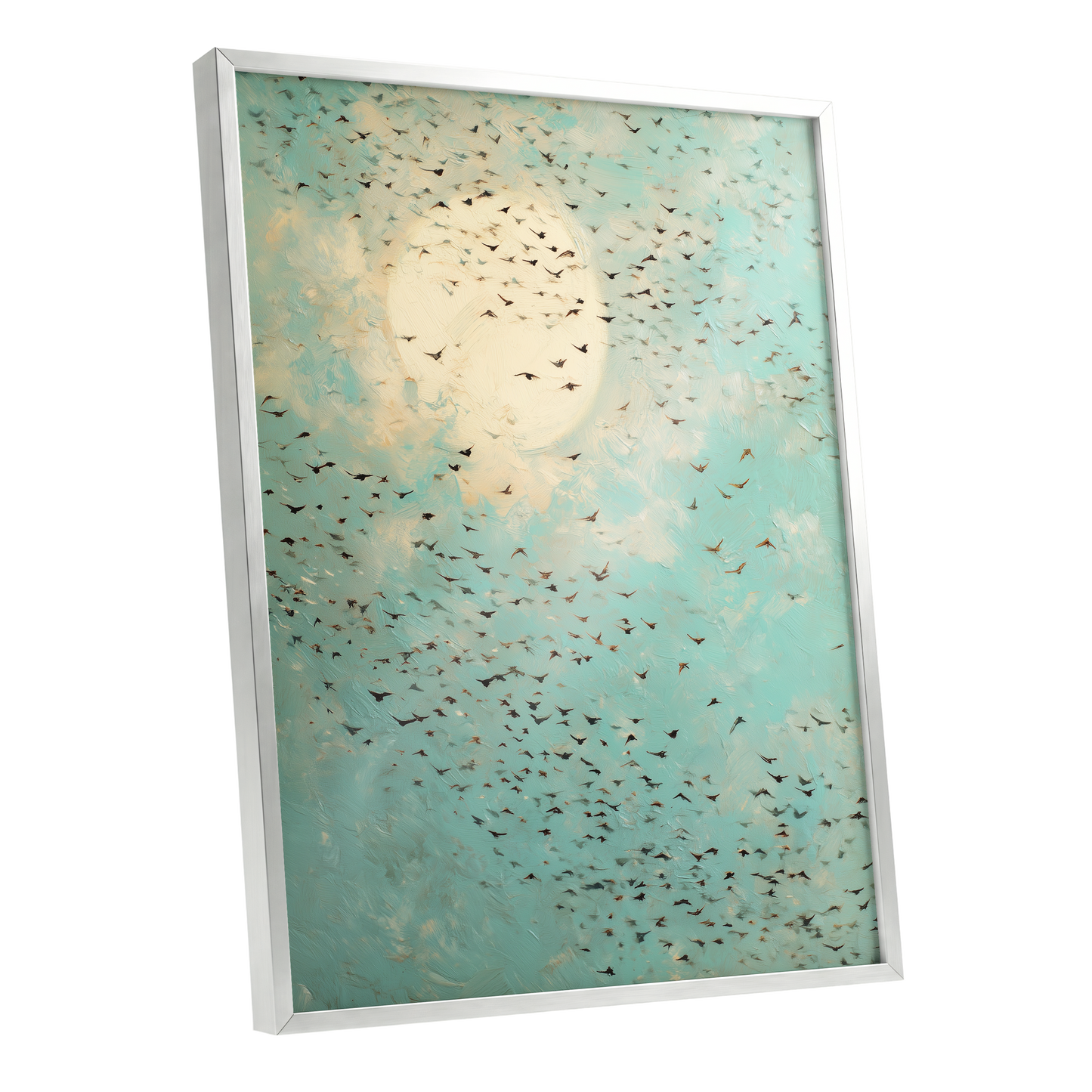 Wings Across the Light, blue, green, beige nature wall art shown as a silver framed poster wall art print
