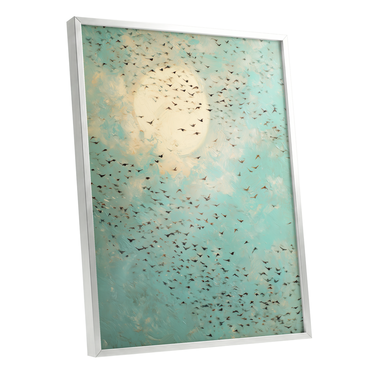 Wings Across the Light, blue, green, beige nature wall art shown as a silver framed poster wall art print