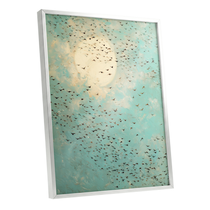 Wings Across the Light, blue, green, beige nature wall art shown as a silver framed poster wall art print