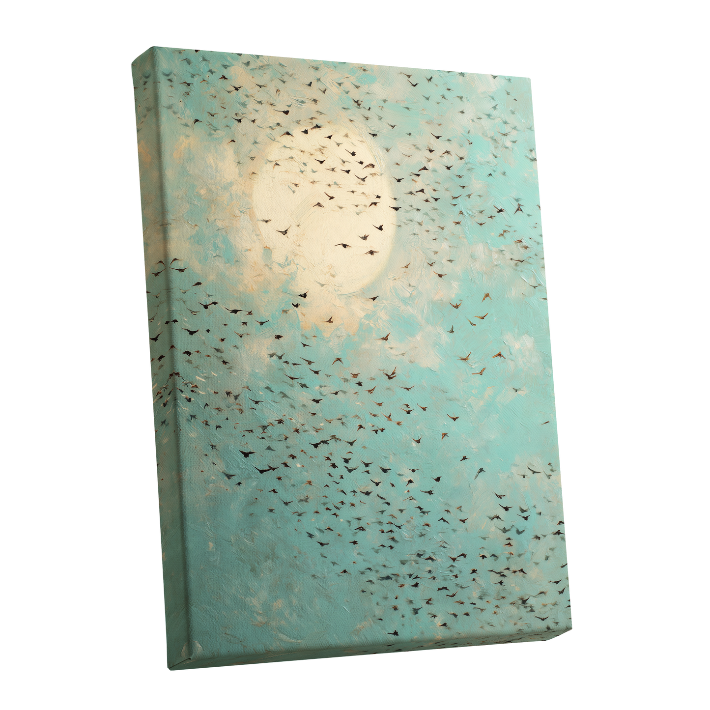Wings Across the Light, blue, green, beige nature wall art shown as a stretched canvas wall art