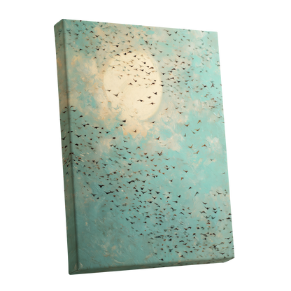 Wings Across the Light, blue, green, beige nature wall art shown as a stretched canvas wall art