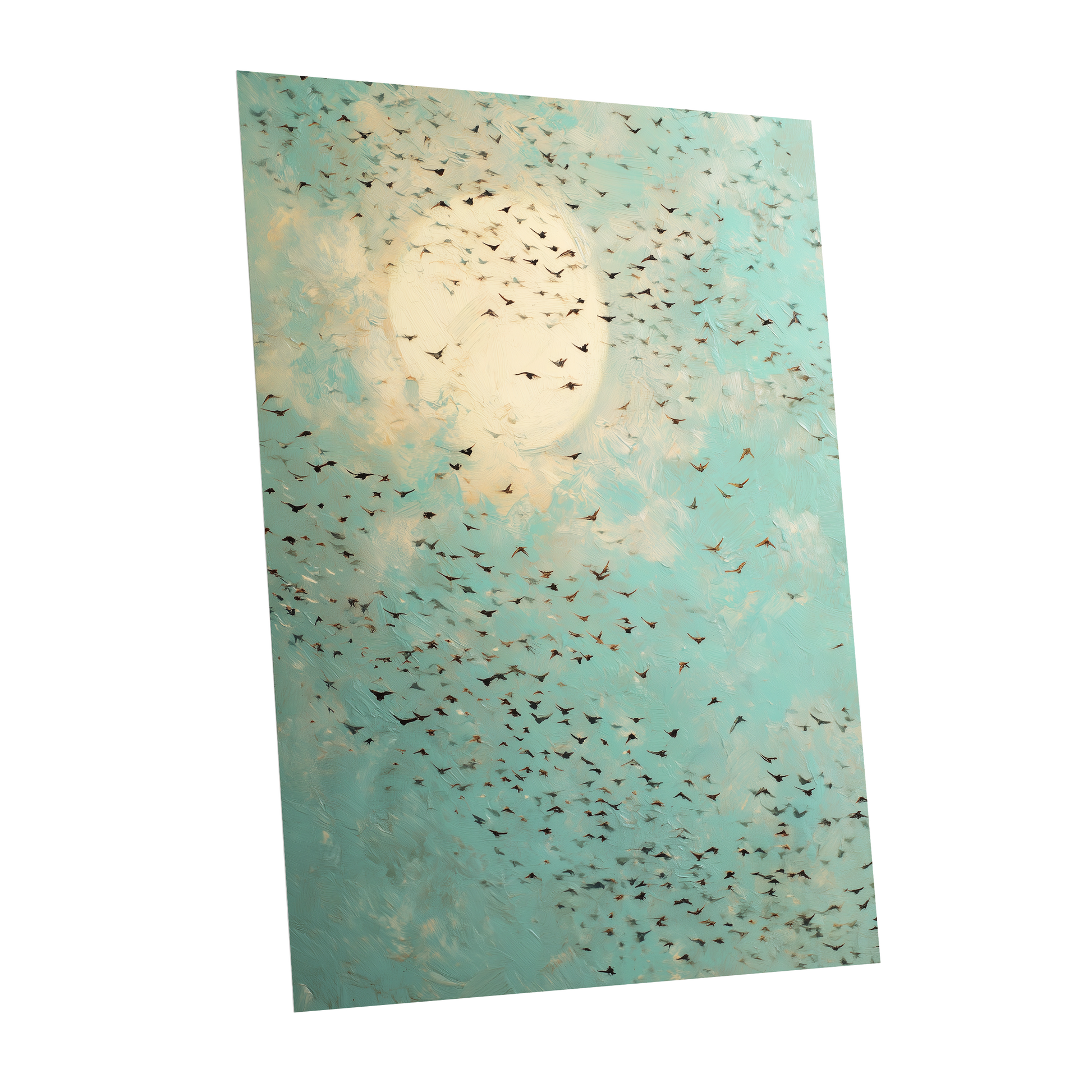 Wings Across the Light, blue, green, beige nature wall art shown as a unframed poster wall art print