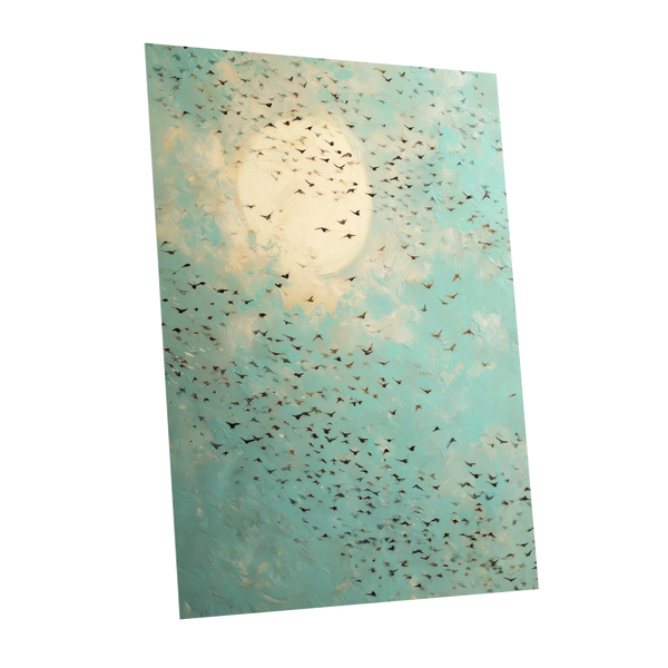 Wings Across the Light, blue, green, beige nature wall art shown as a unframed poster wall art print