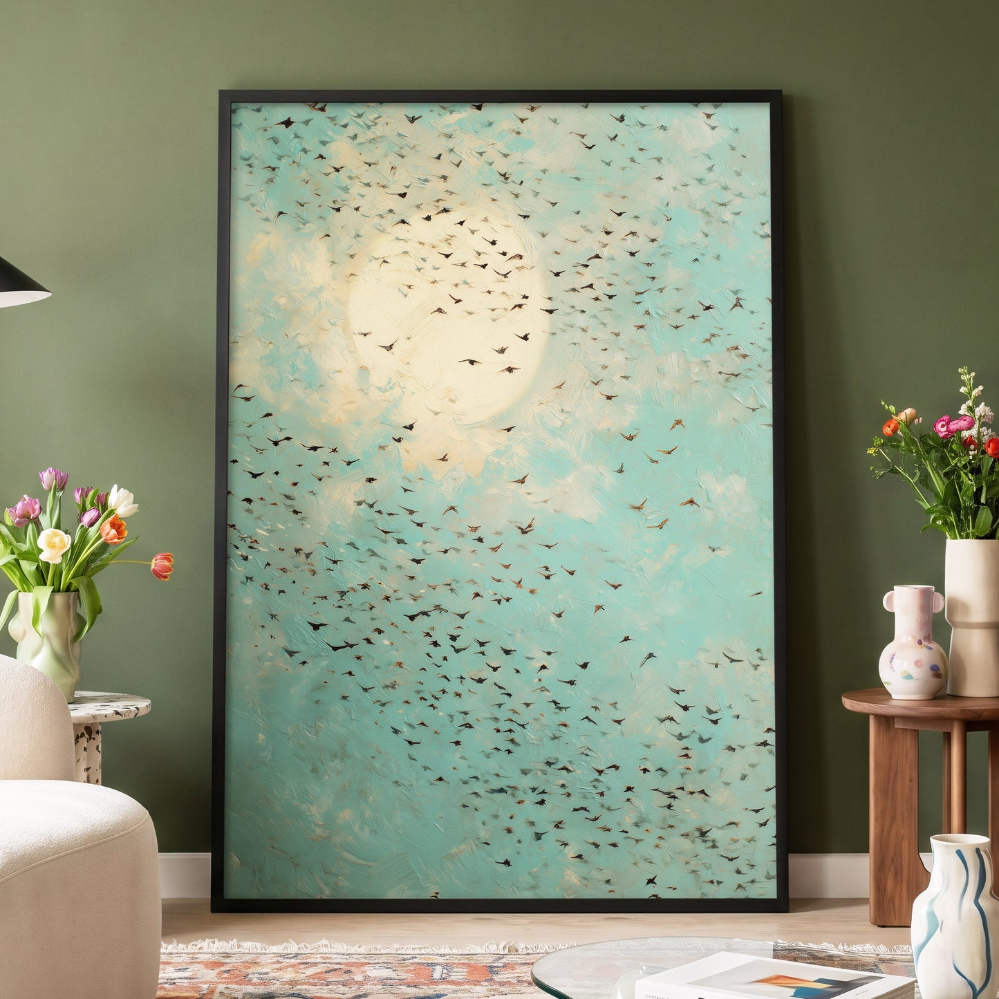 Wings Across the Light, blue, green, beige nature wall art displayed in a styled interior, gallery view 2