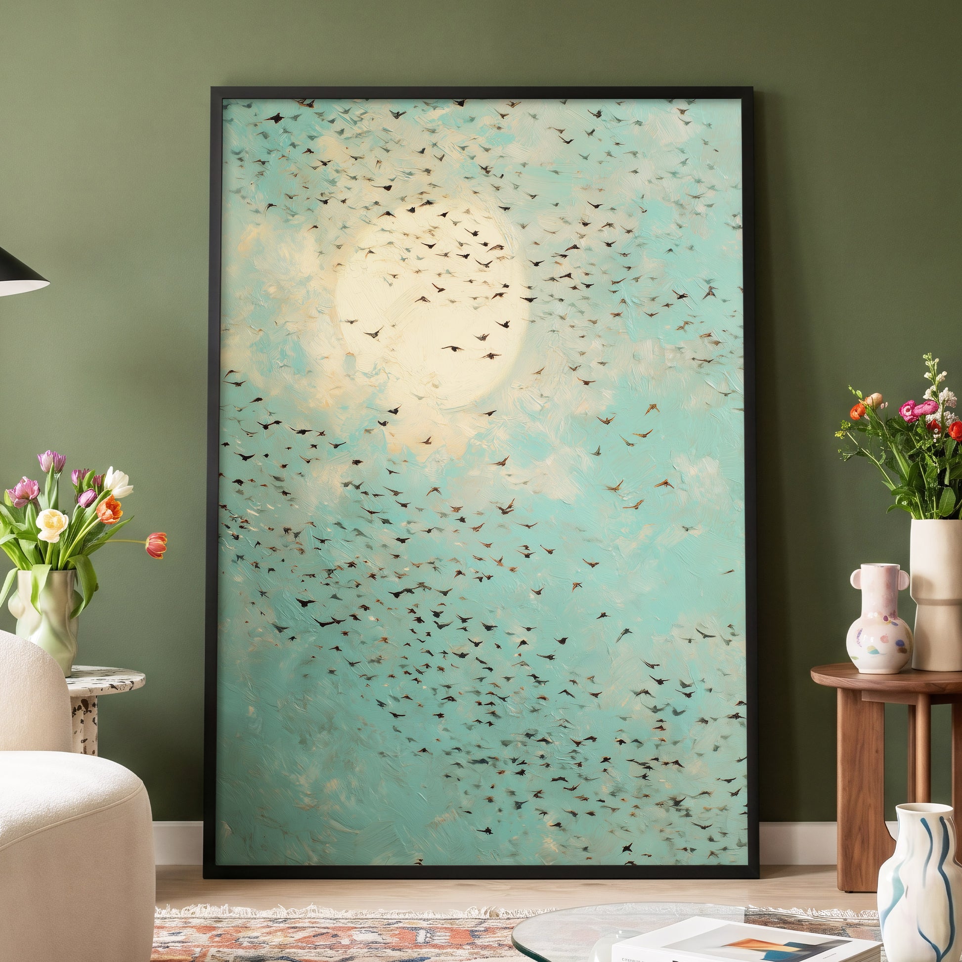 Wings Across the Light, blue, green, beige nature wall art displayed in a styled interior, gallery view 2