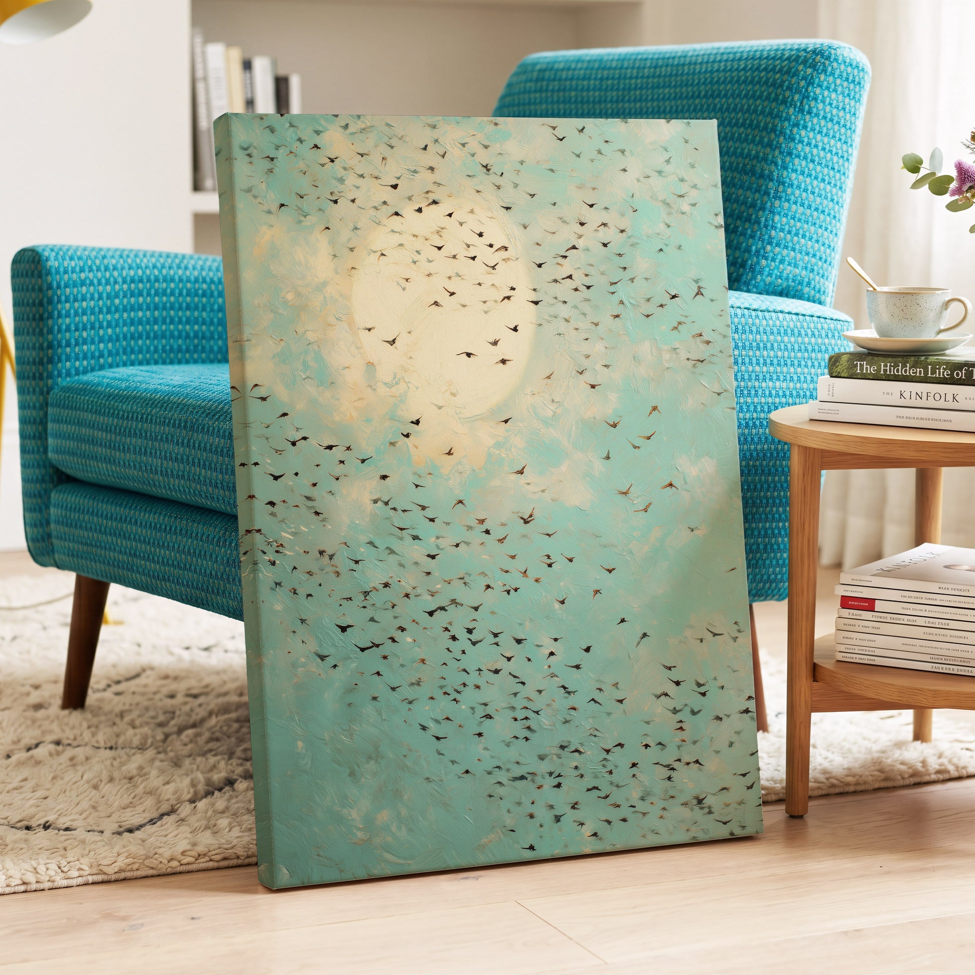 Wings Across the Light, blue, green, beige nature wall art displayed in a styled interior, gallery view 3
