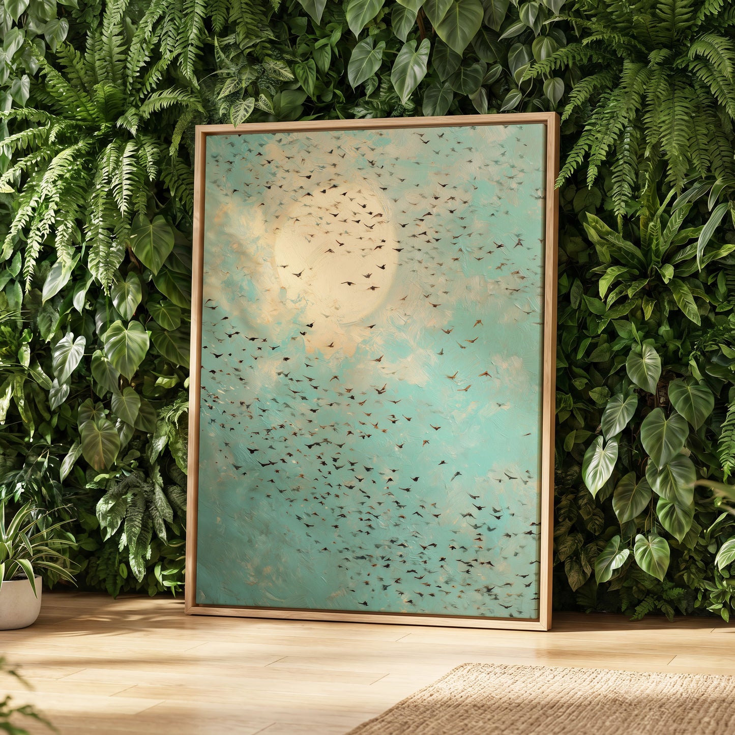 Wings Across the Light, blue, green, beige nature wall art displayed in a styled interior, gallery view 4