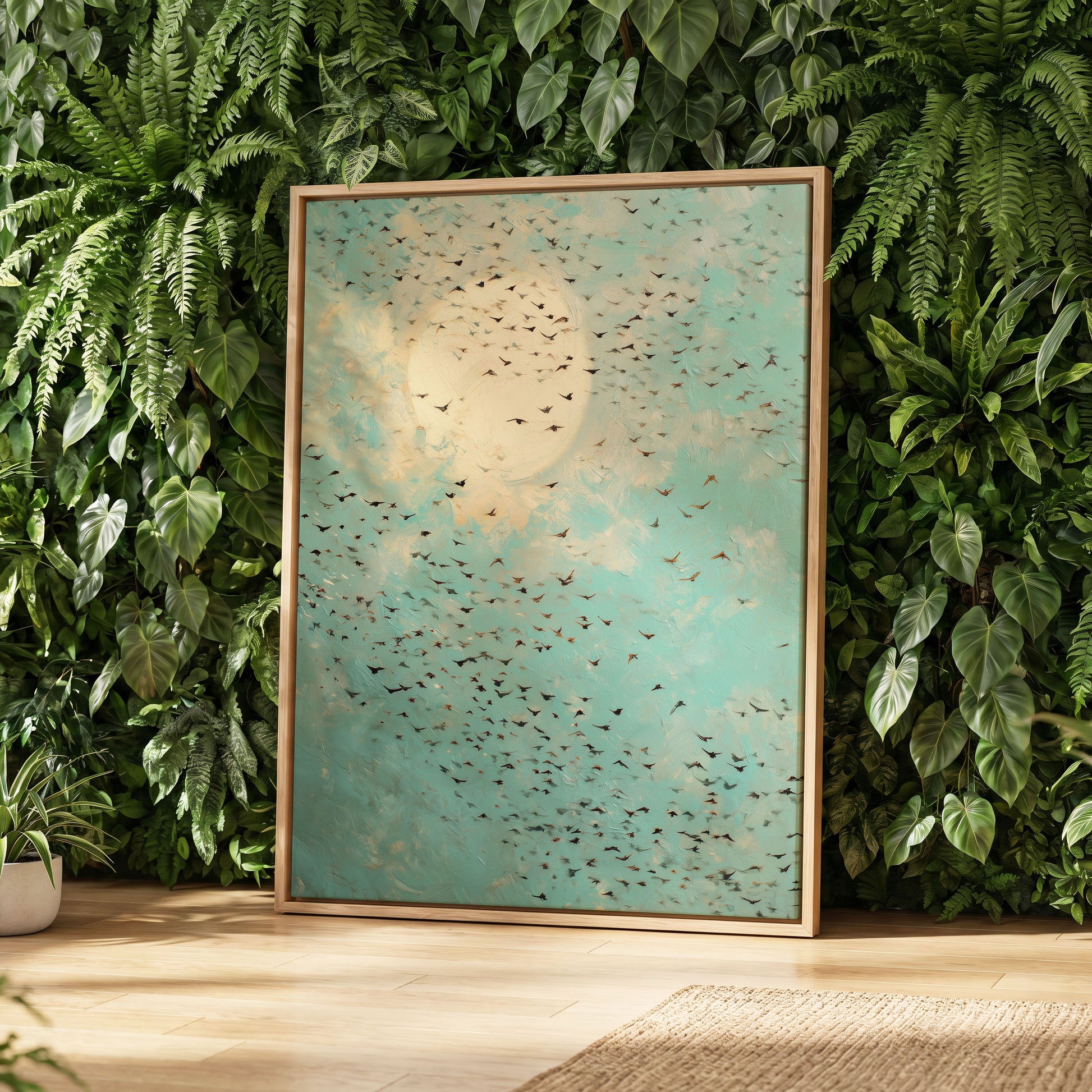 Wings Across the Light, blue, green, beige nature wall art displayed in a styled interior, gallery view 4