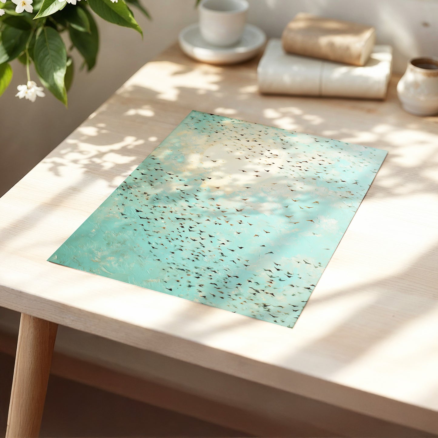 Wings Across the Light, blue, green, beige nature wall art displayed in a styled interior, gallery view 5