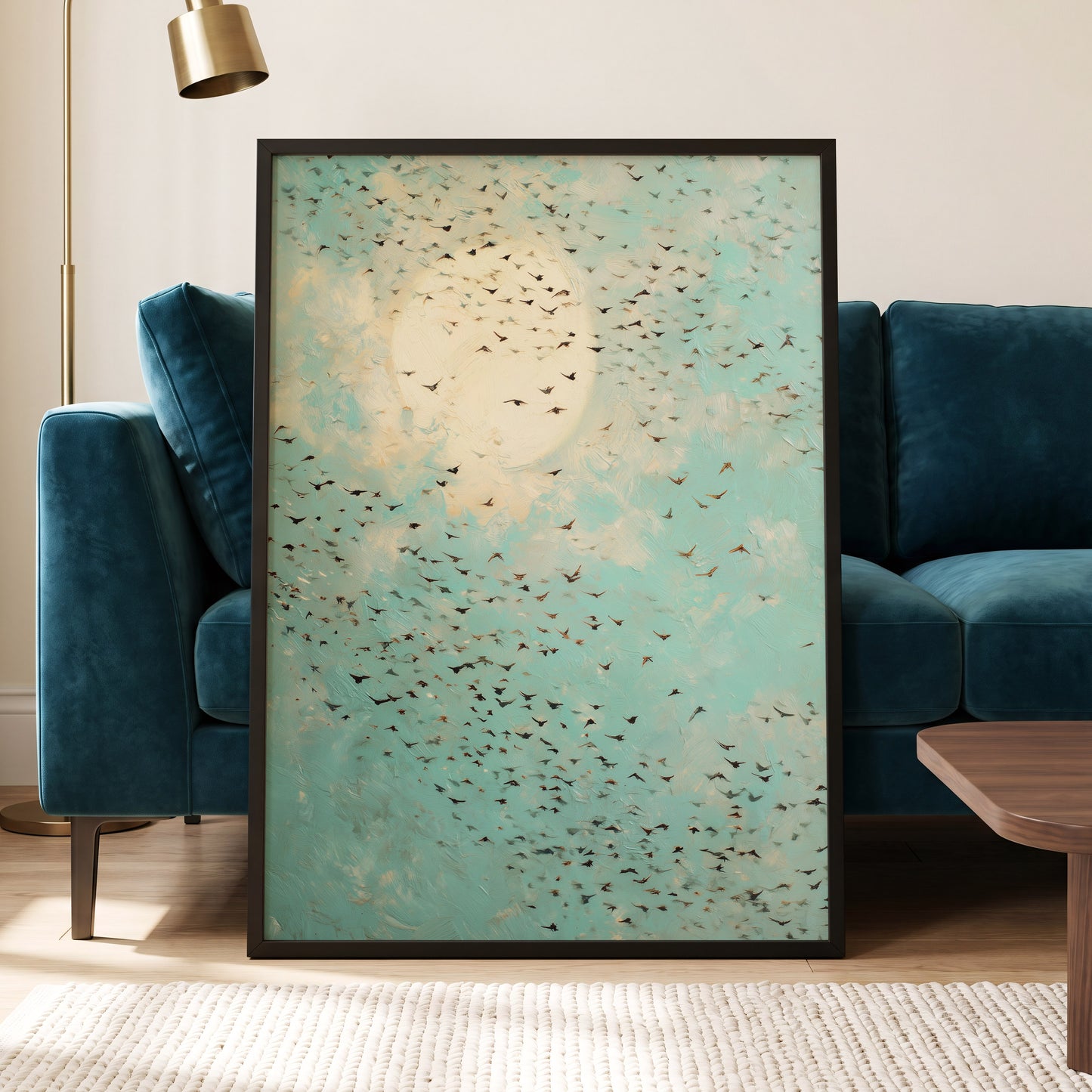 Wings Across the Light, blue, green, beige nature wall art displayed in a styled interior, gallery view 6