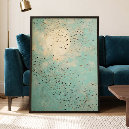 Wings Across the Light, blue, green, beige nature wall art displayed in a styled interior, gallery view 6