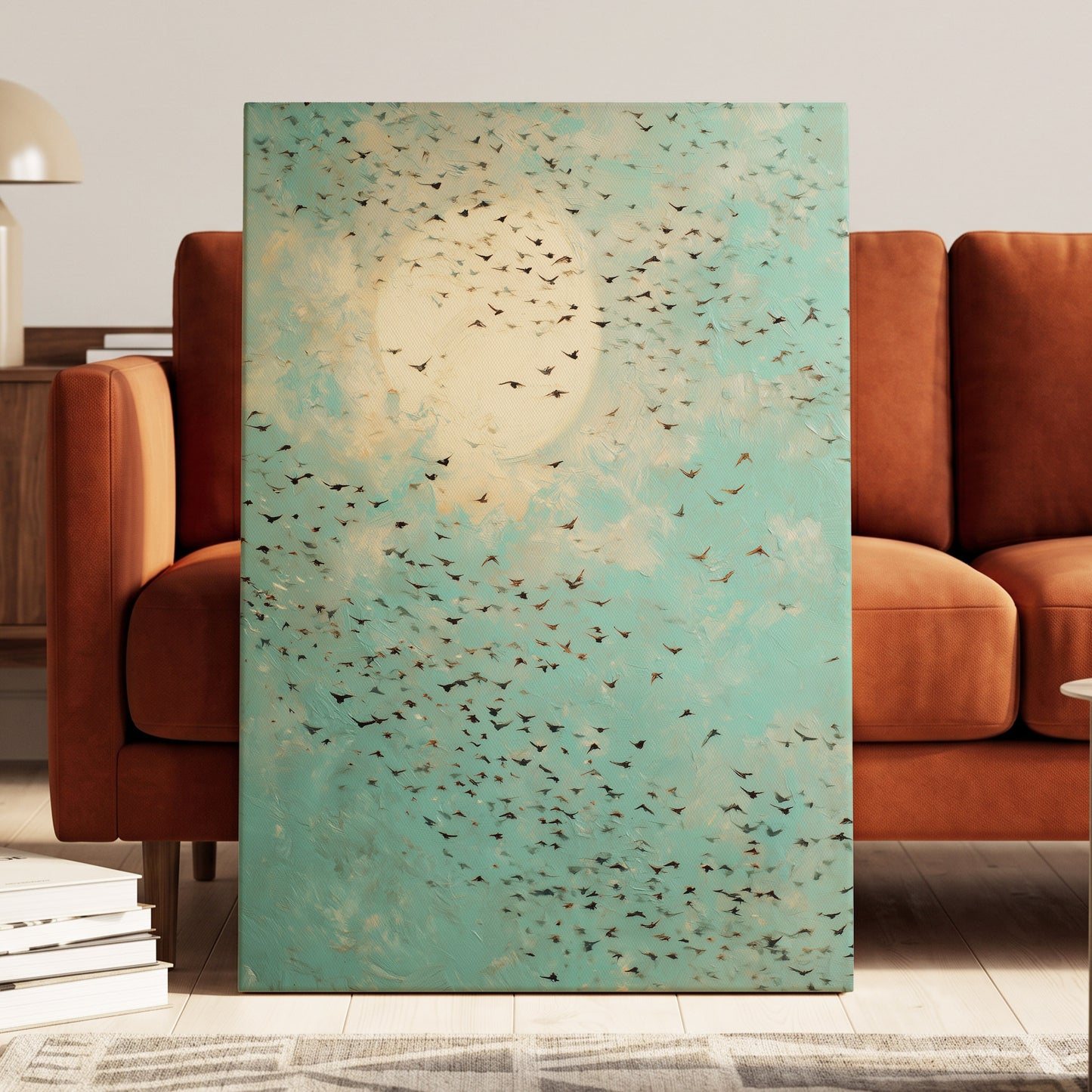Wings Across the Light, blue, green, beige nature wall art displayed in a styled interior, gallery view 7