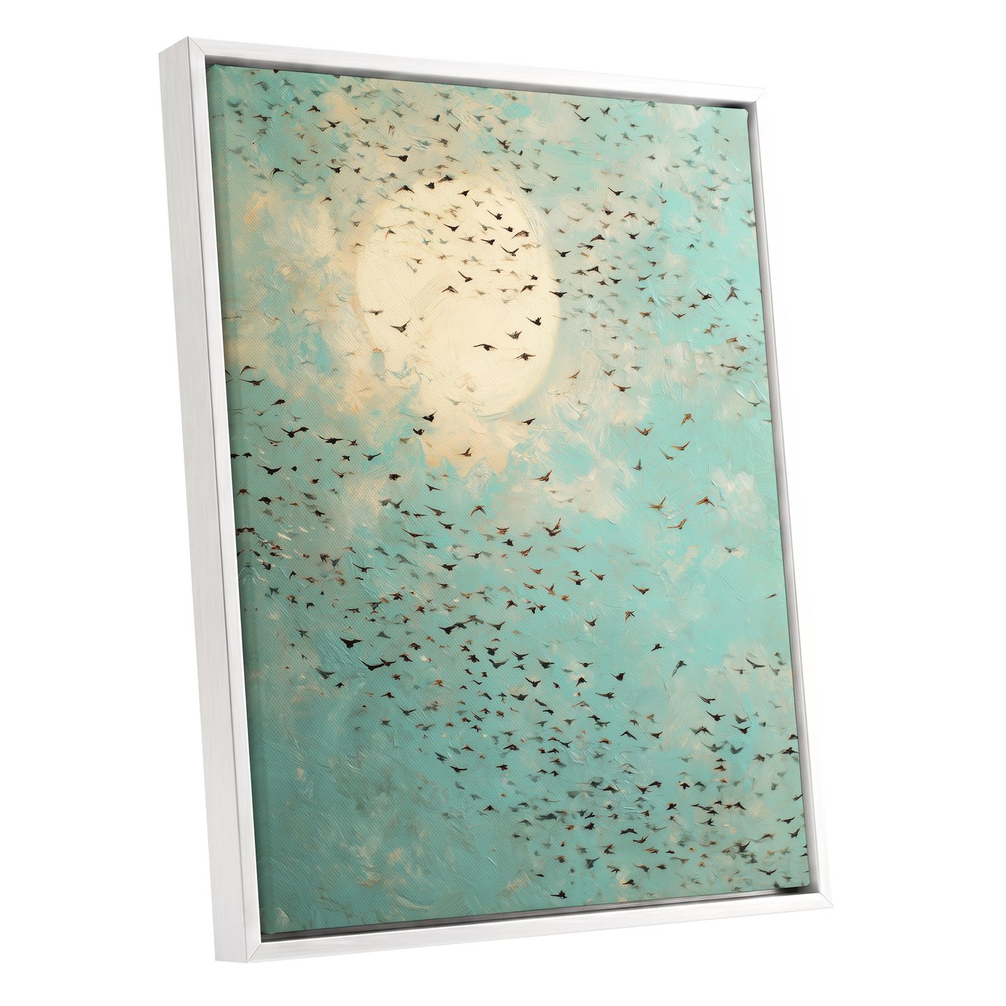Wings Across the Light, blue, green, beige nature wall art shown as a white framed canvas wall art