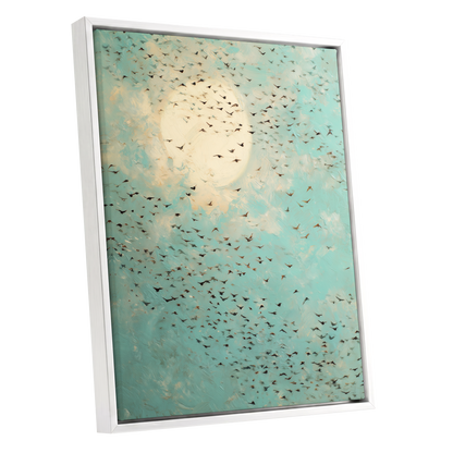 Wings Across the Light, blue, green, beige nature wall art shown as a white framed canvas wall art
