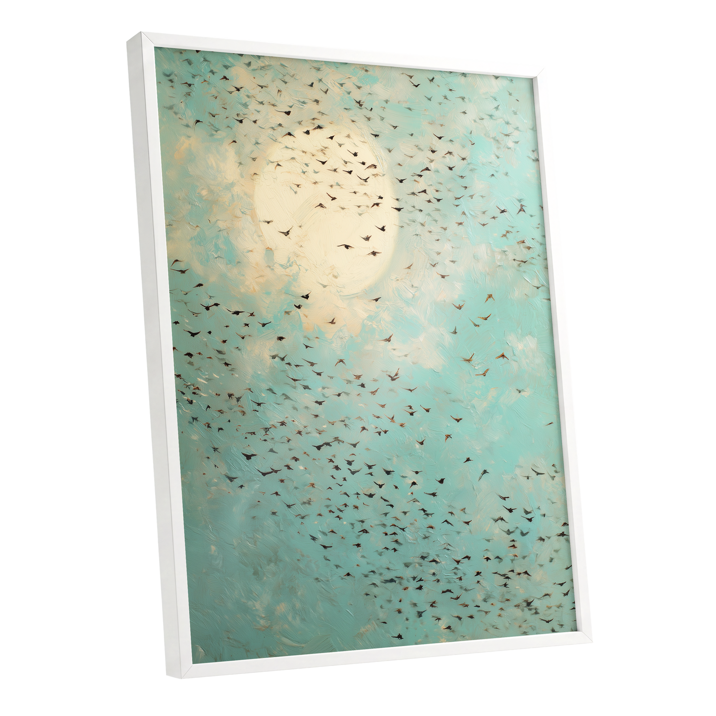 Wings Across the Light, blue, green, beige nature wall art shown as a white framed poster wall art print