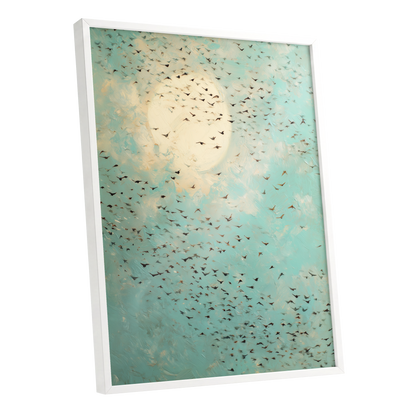 Wings Across the Light, blue, green, beige nature wall art shown as a white framed poster wall art print