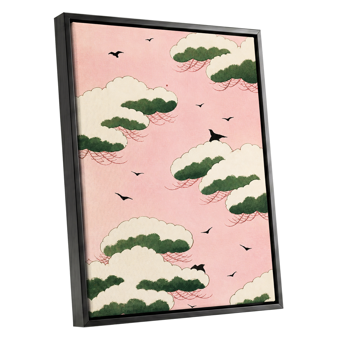 Wings Among Blushing Clouds, pink, green, beige nature wall art shown as a black framed canvas wall art
