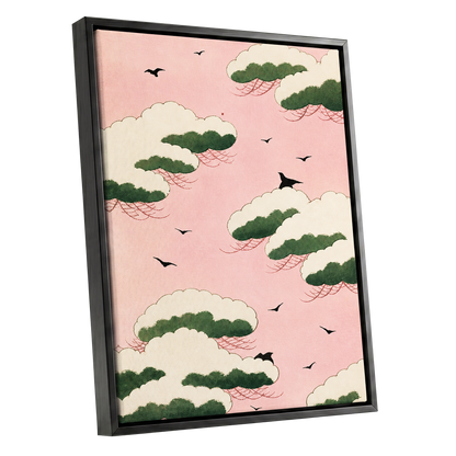 Wings Among Blushing Clouds, pink, green, beige nature wall art shown as a black framed canvas wall art