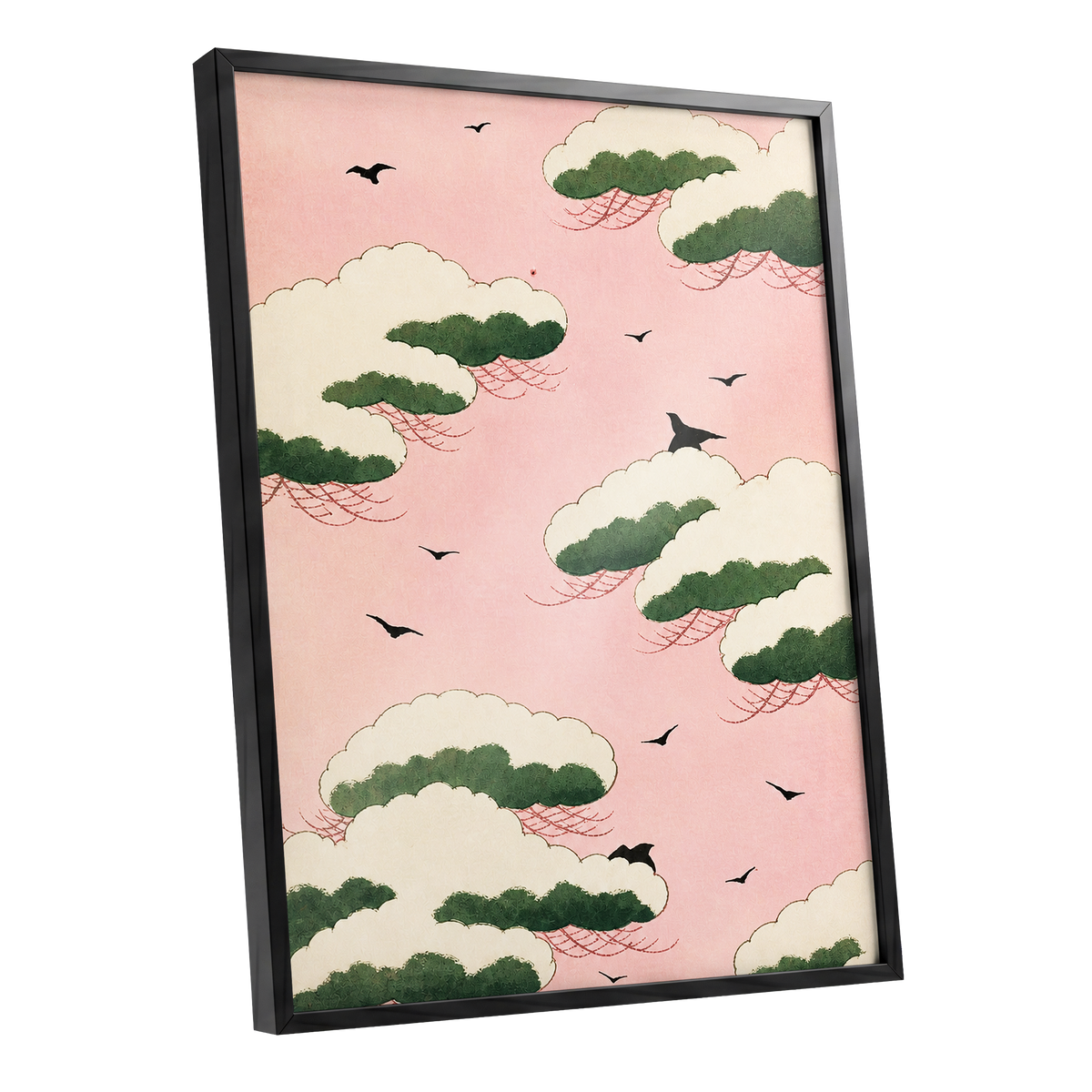 Wings Among Blushing Clouds, pink, green, beige nature wall art shown as a black framed poster wall art print