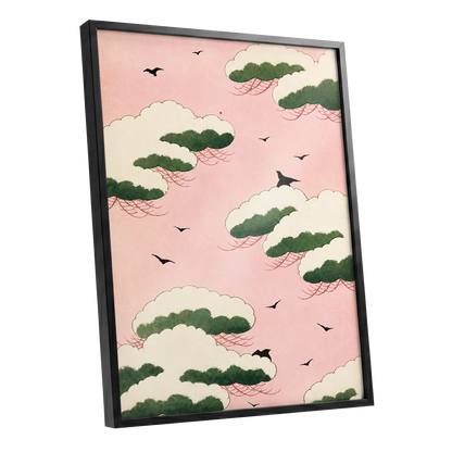 Wings Among Blushing Clouds, pink, green, beige nature wall art shown as a black framed poster wall art print