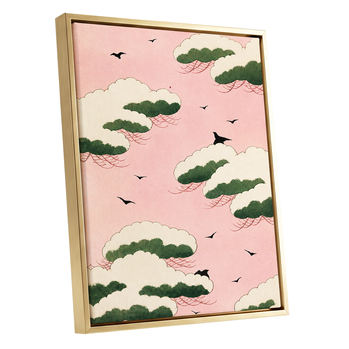 Wings Among Blushing Clouds, pink, green, beige nature wall art shown as a gold framed canvas wall art