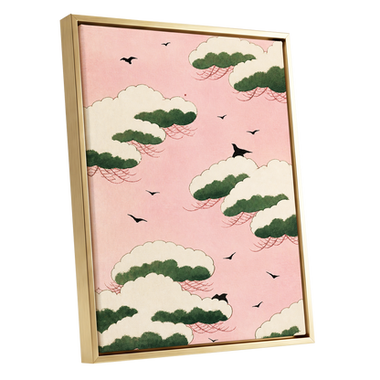 Wings Among Blushing Clouds, pink, green, beige nature wall art shown as a gold framed canvas wall art