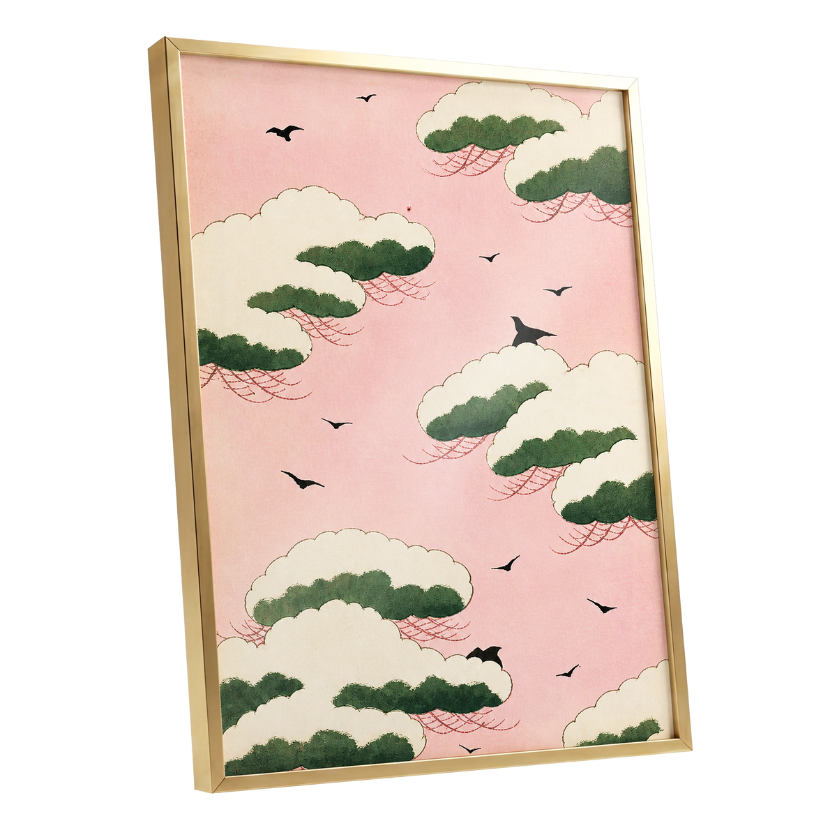 Wings Among Blushing Clouds, pink, green, beige nature wall art shown as a gold framed poster wall art print