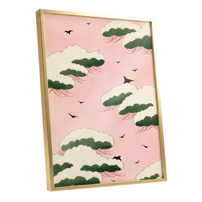 Wings Among Blushing Clouds, pink, green, beige nature wall art shown as a gold framed poster wall art print