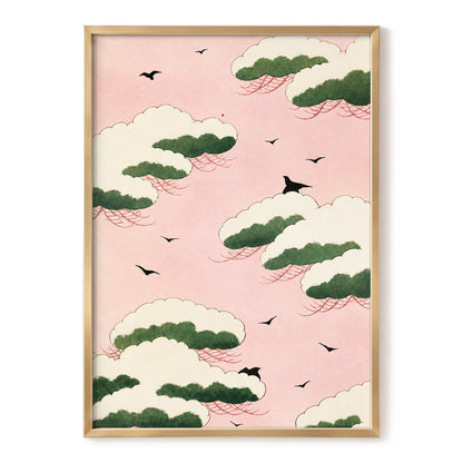 Wings Among Blushing Clouds, pink, green, beige nature wall art, front artwork view