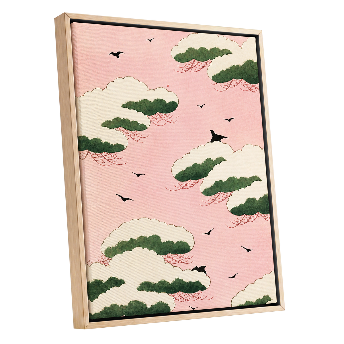 Wings Among Blushing Clouds, pink, green, beige nature wall art shown as a oak framed canvas wall art