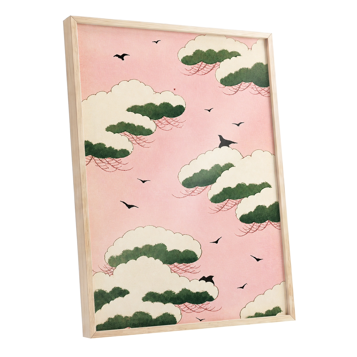 Wings Among Blushing Clouds, pink, green, beige nature wall art shown as a oak framed poster wall art print