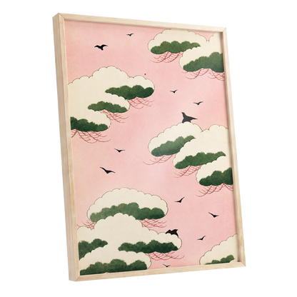 Wings Among Blushing Clouds, pink, green, beige nature wall art shown as a oak framed poster wall art print