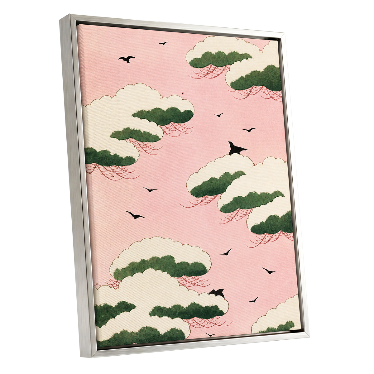 Wings Among Blushing Clouds, pink, green, beige nature wall art shown as a silver framed canvas wall art