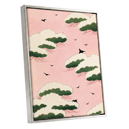 Wings Among Blushing Clouds, pink, green, beige nature wall art shown as a silver framed canvas wall art